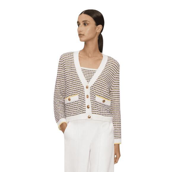 ME+EM Summer Jacquard 3/4 Sleeve Jacket in Cream Multi S - Picture 2 of 10